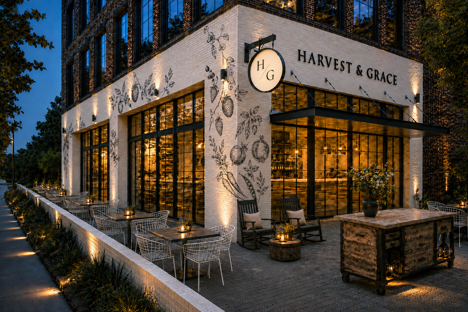 Patio rendering for Harvest & Grace showing the welcoming outdoor cafe space